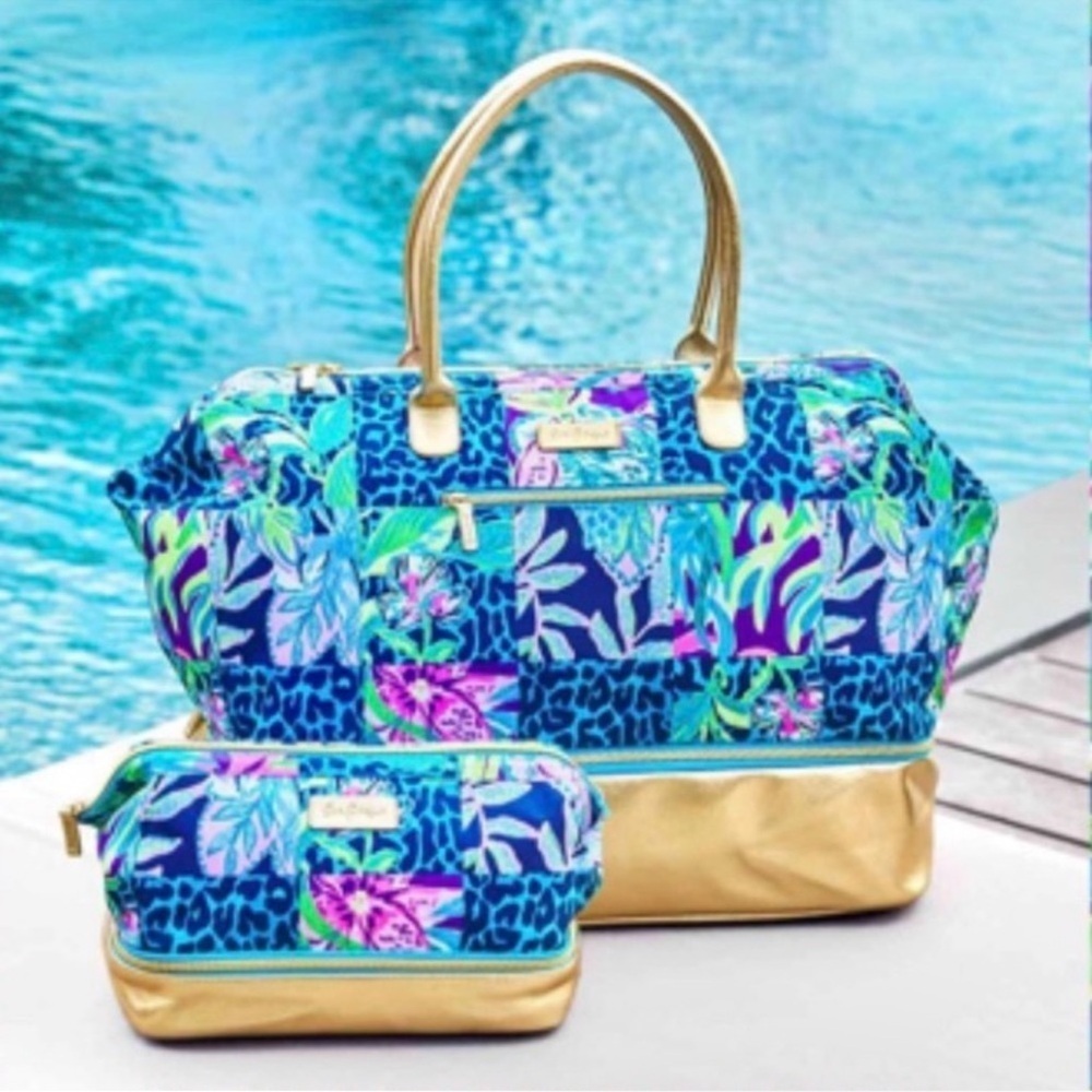 Lilly Pulitzer Multi Pop Up Party Patch Weekender Travel Bag & Makeup Bag. NWT